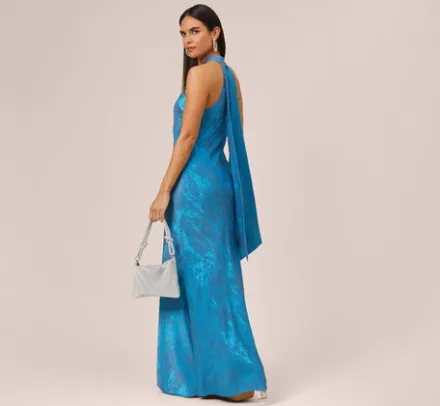 Adrianna Papell Wedding Guest Dresses|Formal Dresses*Metallic Chiffon Halter Gown In Ocean Dream