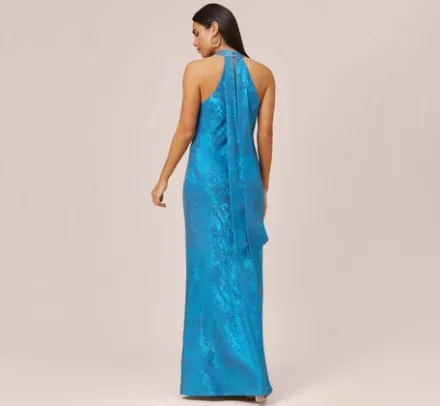 Adrianna Papell Wedding Guest Dresses|Formal Dresses*Metallic Chiffon Halter Gown In Ocean Dream