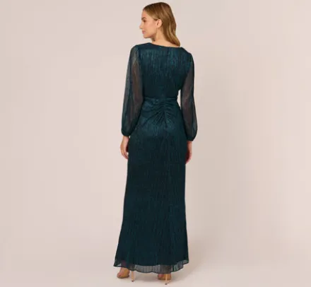 Adrianna Papell Wedding Guest Dresses|Formal Dresses*Metallic Crinkled Mesh Draped Long Gown In Teal Sapphire