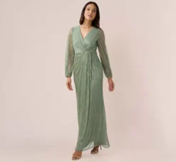 Adrianna Papell Wedding Guest Dresses|Formal Dresses*Metallic Crinkled Mesh Draped Long Gown In Green Slate