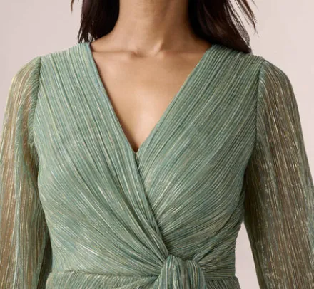 Adrianna Papell Wedding Guest Dresses|Formal Dresses*Metallic Crinkled Mesh Draped Long Gown In Green Slate