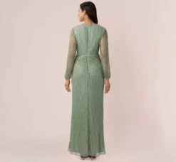 Adrianna Papell Wedding Guest Dresses|Formal Dresses*Metallic Crinkled Mesh Draped Long Gown In Green Slate