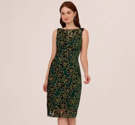 Adrianna Papell Wedding Guest Dresses|Petite-Friendly*Metallic Floral Lace Midi Dress With Illusion Neckline In Hunter Gold