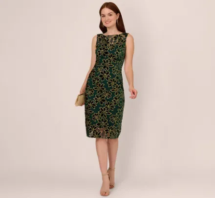 Adrianna Papell Wedding Guest Dresses|Petite-Friendly*Metallic Floral Lace Midi Dress With Illusion Neckline In Hunter Gold