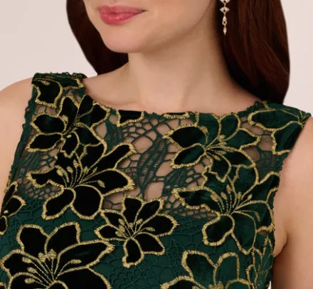 Adrianna Papell Wedding Guest Dresses|Petite-Friendly*Metallic Floral Lace Midi Dress With Illusion Neckline In Hunter Gold