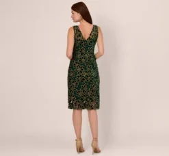 Adrianna Papell Wedding Guest Dresses|Petite-Friendly*Metallic Floral Lace Midi Dress With Illusion Neckline In Hunter Gold