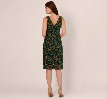 Adrianna Papell Wedding Guest Dresses|Petite-Friendly*Metallic Floral Lace Midi Dress With Illusion Neckline In Hunter Gold