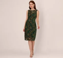 Adrianna Papell Wedding Guest Dresses|Petite-Friendly*Metallic Floral Lace Midi Dress With Illusion Neckline In Hunter Gold