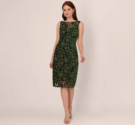Adrianna Papell Wedding Guest Dresses|Petite-Friendly*Metallic Floral Lace Midi Dress With Illusion Neckline In Hunter Gold
