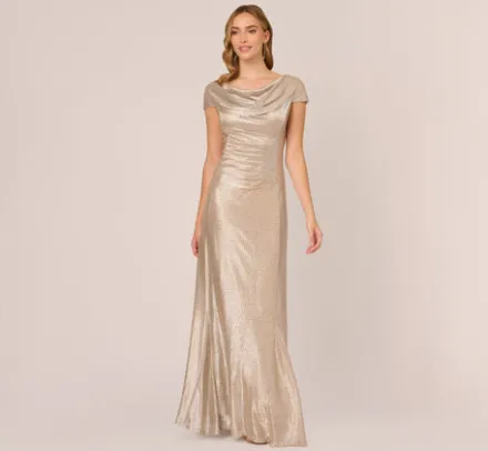 Adrianna Papell Wedding Guest Dresses|Formal Dresses*Metallic Foil Knit Draped Long Gown In