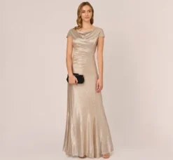 Adrianna Papell Wedding Guest Dresses|Formal Dresses*Metallic Foil Knit Draped Long Gown In