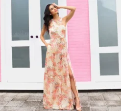 Adrianna Papell Wedding Guest Dresses|Formal Dresses*Metallic Halter Tiered Maxi Gown In Coral Multi
