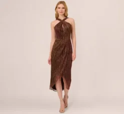 Adrianna Papell Wedding Guest Dresses|Formal Dresses*Metallic Knit Halter Midi Dress With Wrap Skirt In