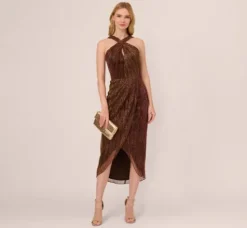 Adrianna Papell Wedding Guest Dresses|Formal Dresses*Metallic Knit Halter Midi Dress With Wrap Skirt In
