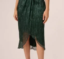 Adrianna Papell Wedding Guest Dresses|Formal Dresses*Metallic Knit Halter Midi Dress With Wrap Skirt In Green Pine