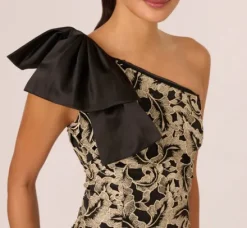 Adrianna Papell Wedding Guest Dresses|Grandmother Of The Bride & Groom*Metallic Leaf Lace Ankle Dress In Black Gold