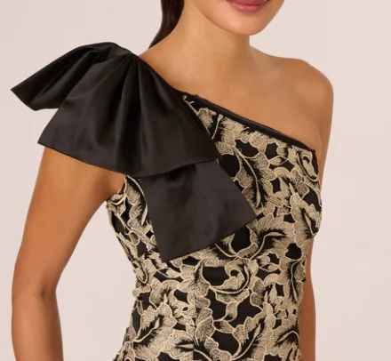 Adrianna Papell Wedding Guest Dresses|Grandmother Of The Bride & Groom*Metallic Leaf Lace Ankle Dress In Black Gold