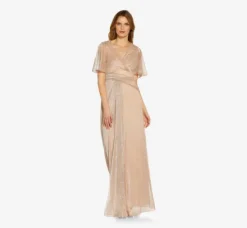 Adrianna Papell Wedding Guest Dresses|Formal Dresses*Metallic Mesh Draped Gown In Rose Gold