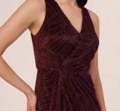 Adrianna Papell Wedding Guest Dresses|Formal Dresses*Metallic Mesh Faux Wrap Gown With Ruffle Accents In Burgundy Gold