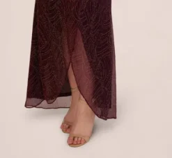 Adrianna Papell Wedding Guest Dresses|Formal Dresses*Metallic Mesh Faux Wrap Gown With Ruffle Accents In Burgundy Gold