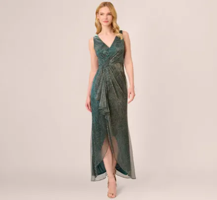 Adrianna Papell Wedding Guest Dresses|Formal Dresses*Metallic Mesh Faux Wrap Gown With Ruffle Accents In