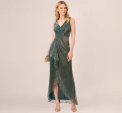 Adrianna Papell Wedding Guest Dresses|Formal Dresses*Metallic Mesh Faux Wrap Gown With Ruffle Accents In