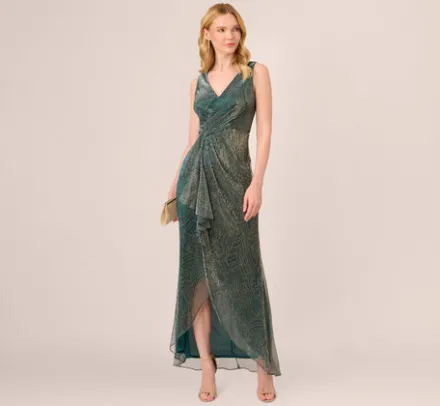 Adrianna Papell Wedding Guest Dresses|Formal Dresses*Metallic Mesh Faux Wrap Gown With Ruffle Accents In