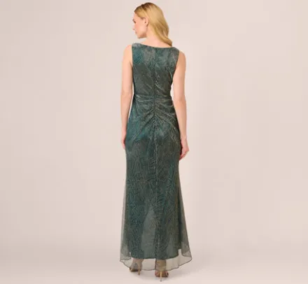 Adrianna Papell Wedding Guest Dresses|Formal Dresses*Metallic Mesh Faux Wrap Gown With Ruffle Accents In