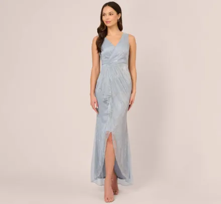 Adrianna Papell Wedding Guest Dresses|Formal Dresses*Metallic Mesh Faux Wrap Gown With Ruffle Accents In Sky Blue