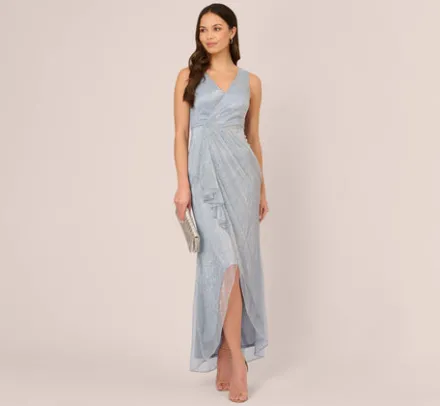 Adrianna Papell Wedding Guest Dresses|Formal Dresses*Metallic Mesh Faux Wrap Gown With Ruffle Accents In Sky Blue
