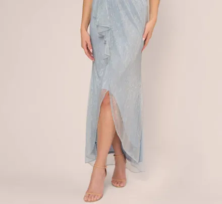 Adrianna Papell Wedding Guest Dresses|Formal Dresses*Metallic Mesh Faux Wrap Gown With Ruffle Accents In Sky Blue