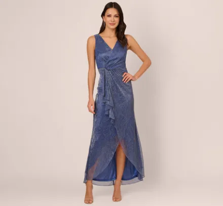 Adrianna Papell Wedding Guest Dresses|Formal Dresses*Metallic Mesh Faux Wrap Gown With Ruffle Accents In Light Navy
