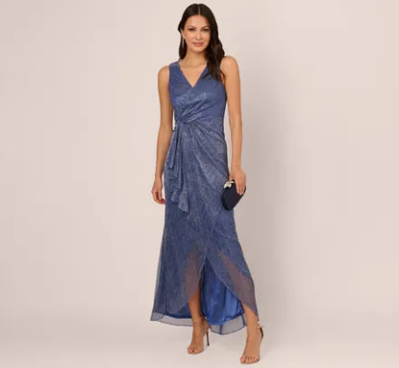 Adrianna Papell Wedding Guest Dresses|Formal Dresses*Metallic Mesh Faux Wrap Gown With Ruffle Accents In Light Navy