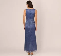 Adrianna Papell Wedding Guest Dresses|Formal Dresses*Metallic Mesh Faux Wrap Gown With Ruffle Accents In Light Navy