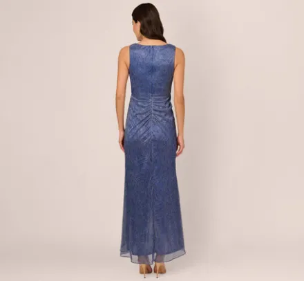 Adrianna Papell Wedding Guest Dresses|Formal Dresses*Metallic Mesh Faux Wrap Gown With Ruffle Accents In Light Navy