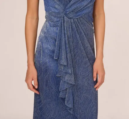 Adrianna Papell Wedding Guest Dresses|Formal Dresses*Metallic Mesh Faux Wrap Gown With Ruffle Accents In Light Navy
