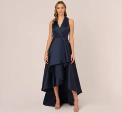 Adrianna Papell Wedding Guest Dresses|Petite-Friendly*Mikado High/Low Midi-Length Tuxedo Gown In