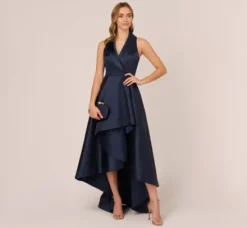 Adrianna Papell Wedding Guest Dresses|Petite-Friendly*Mikado High/Low Midi-Length Tuxedo Gown In