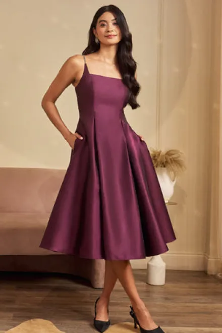 Adrianna Papell Wedding Guest Dresses|Petite-Friendly*Mikado Midi Dress With Beaded Spaghetti Straps In Pinot Noir