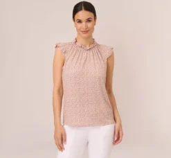 Adrianna Papell Tops & Blouses|Co-Ord Sets*Mock Neck Print Top With Ruffled Details In Champagne Blowing Leaf