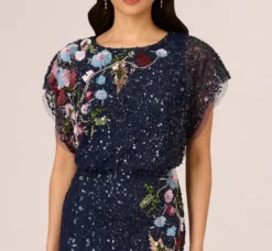 Adrianna Papell Wedding Guest Dresses|Formal Dresses*Multicolor Floral Beaded Mermaid Gown With Dolman Sleeves In Midnight Multi