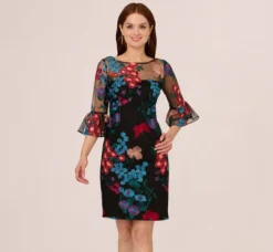 Adrianna Papell Wedding Guest Dresses|Day Dresses*Multicolor Floral Embroidered Sheath Dress With Sheer Bell Sleeves In Black Multi