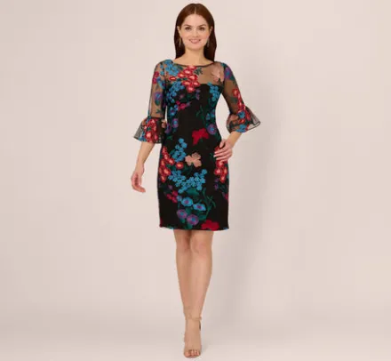 Adrianna Papell Wedding Guest Dresses|Day Dresses*Multicolor Floral Embroidered Sheath Dress With Sheer Bell Sleeves In Black Multi