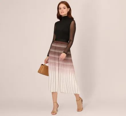 Adrianna Papell Pants & Skirts|Co-Ord Sets*Multicolor Stripe Print Pleated Midi Skirt In Mocha Ivory Chevron Stripe