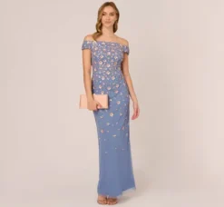 Adrianna Papell Wedding Guest Dresses|Formal Dresses*Off Shoulder Dress With Floral Embellishment In French Blue Coral
