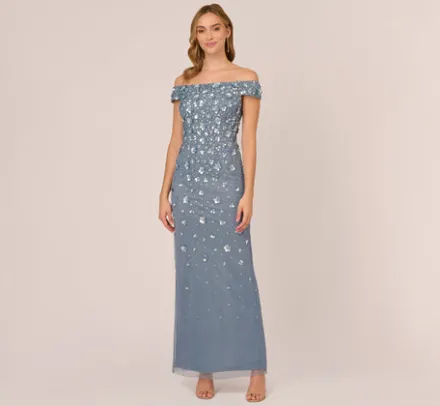 Adrianna Papell Wedding Guest Dresses|Formal Dresses*Off Shoulder Dress With Floral Embellishment In Vintage Blue