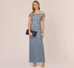Adrianna Papell Wedding Guest Dresses|Formal Dresses*Off Shoulder Dress With Floral Embellishment In Vintage Blue