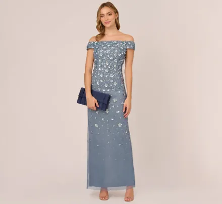 Adrianna Papell Wedding Guest Dresses|Formal Dresses*Off Shoulder Dress With Floral Embellishment In Vintage Blue