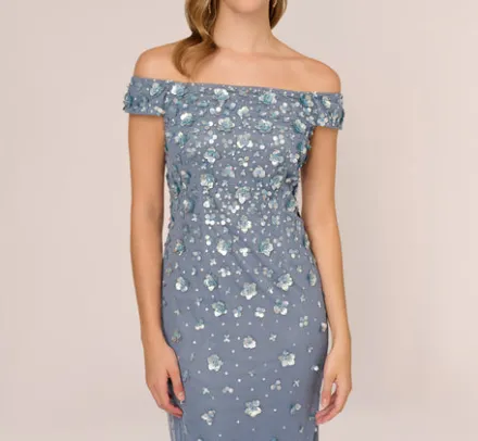 Adrianna Papell Wedding Guest Dresses|Formal Dresses*Off Shoulder Dress With Floral Embellishment In Vintage Blue