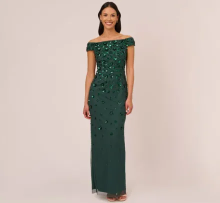 Adrianna Papell Wedding Guest Dresses|Formal Dresses*Off Shoulder Dress With Floral Embellishment In Dusty Emerald
